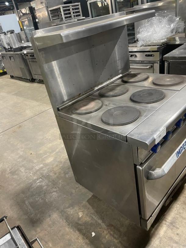 Imperial Commercial Stainless Steel Electric Powered 6 Burner Hot Plate Range/Oven Combo! With Back Splash & Overhead Salamander Shelf! With Wired Oven Rack! - Image 3 of 8