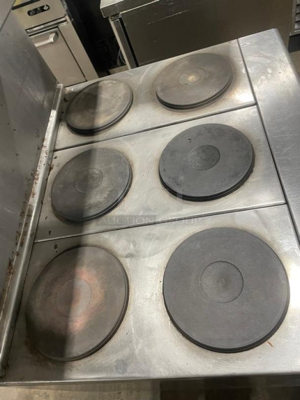 Imperial Commercial Stainless Steel Electric Powered 6 Burner Hot Plate Range/Oven Combo! With Back Splash & Overhead Salamander Shelf! With Wired Oven Rack! - Image 5 of 8