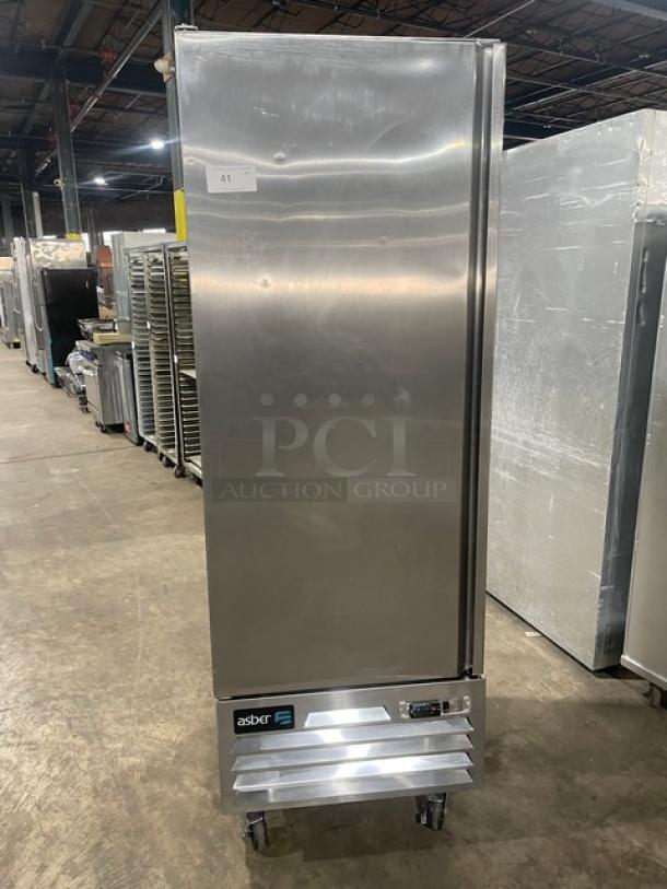 Asber Commercial Stainless Steel Solid Single Door Reach In Refrigerator! With Poly Coated Wire Racks! Model: ARR 17 F HC SN: 8102117905! 115V 1 Phase! On Casters! - Image 1 of 9