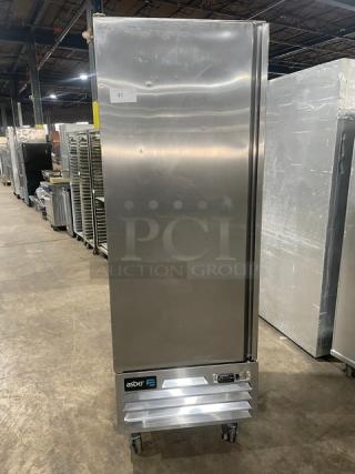 Asber Commercial Stainless Steel Solid Single Door Reach In Refrigerator! With Poly Coated Wire Racks! Model: ARR 17 F HC SN: 8102117905! 115V 1 Phase! On Casters!