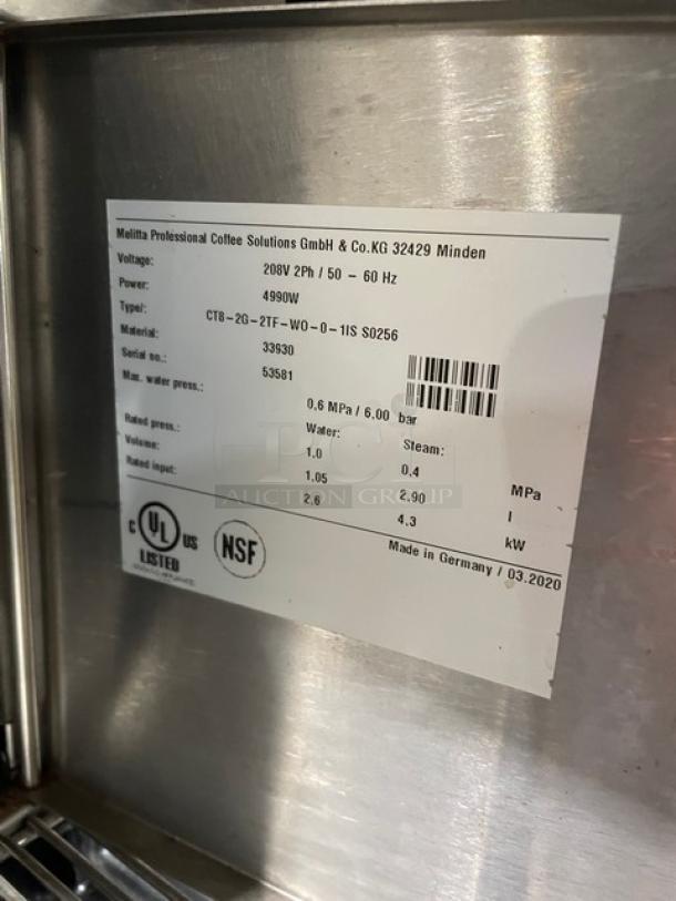 Melitta Cafina CT8 Series Commercial Stainless Steel Countertop Automatic Coffee/Latte/Espresso Machine! With Touch Screen Control Monitor! With 2 Hoppers! Model: CT8-2G-2TF-WO-0-1IS SN: 53581! 208V 2 Phase! On Legs! - Image 7 of 9