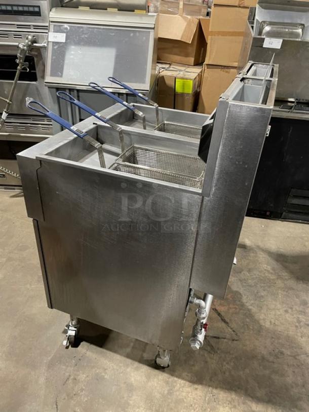 Vulcan Commercial Stainless Steel Natural Gas Powered Double Bay Deep Fat Fryer! With Back Splash & Basket Hangers! With Frying Baskets! Model: 2GR45MF SN: 48-1650173! On Casters! - Image 2 of 12