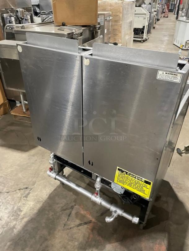 Vulcan Commercial Stainless Steel Natural Gas Powered Double Bay Deep Fat Fryer! With Back Splash & Basket Hangers! With Frying Baskets! Model: 2GR45MF SN: 48-1650173! On Casters! - Image 3 of 12