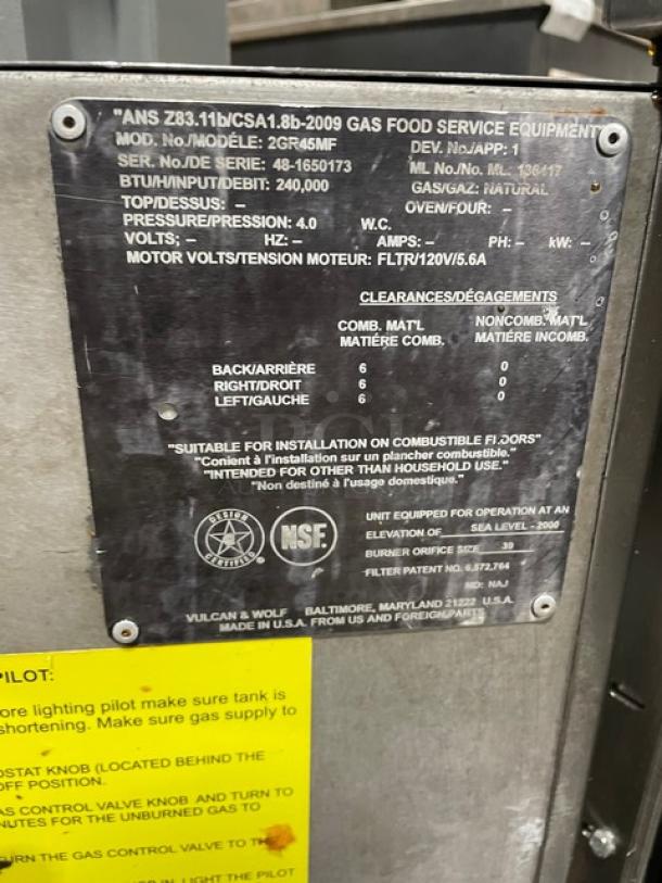 Vulcan Commercial Stainless Steel Natural Gas Powered Double Bay Deep Fat Fryer! With Back Splash & Basket Hangers! With Frying Baskets! Model: 2GR45MF SN: 48-1650173! On Casters! - Image 10 of 12