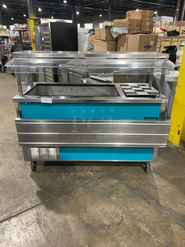 Delfield Commercial Stainless Steel Custom Buffet Style Hot/Cold Counter! With Lift Open Sneeze Guard! With Foldable Tray Slide & Prep Station! Model: Custom SN: 92011801M! 120/208-230V 1 Phase! On Casters! - Image 1 of 11