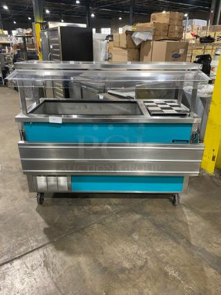 Delfield Commercial Stainless Steel Custom Buffet Style Hot/Cold Counter! With Lift Open Sneeze Guard! With Foldable Tray Slide & Prep Station! Model: Custom SN: 92011801M! 120/208-230V 1 Phase! On Casters!