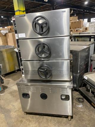 Market Forge A-Cooker Series Commercial Stainless Steel Natural Gas Powered 3 Compartment Steam Broiler Cabinet! With Individual Controls! With Wired Oven Racks! Model: M36G300A-4SP SN: 220533! 120V 1 Phase! On Legs!