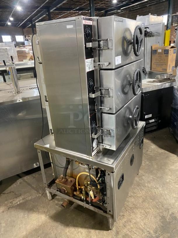 Market Forge A-Cooker Series Commercial Stainless Steel Natural Gas Powered 3 Compartment Steam Broiler Cabinet! With Individual Controls! With Wired Oven Racks! Model: M36G300A-4SP SN: 220533! 120V 1 Phase! On Legs! - Image 3 of 9
