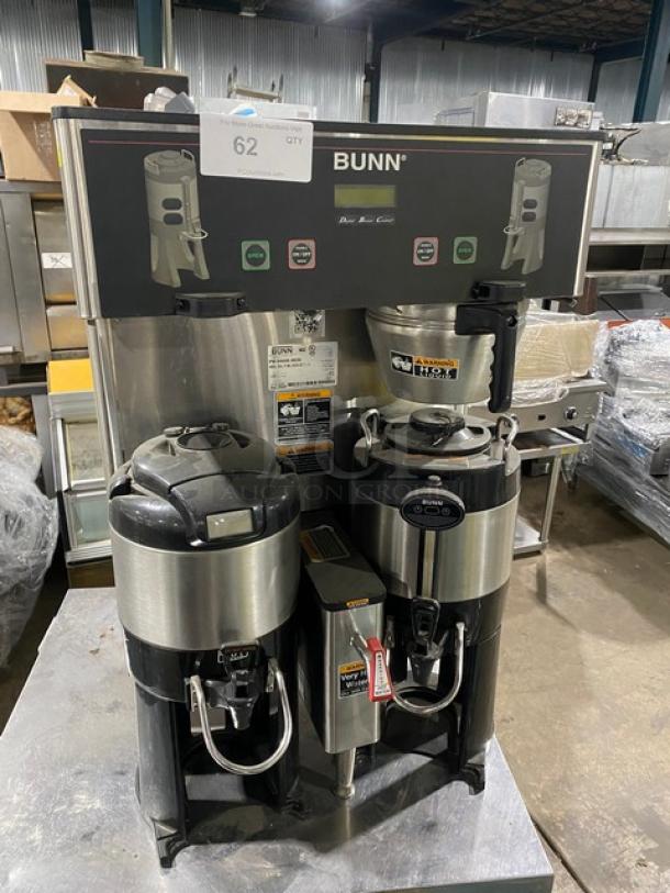 Bunn ThermoFresh Series Commercial Stainless Steel Countertop Dual Coffee Brewer! With Hot Water Dispenser! With Digital Brewer Controls! With Brew Basket & 2 Bunn ThermoFresh Servers/Base! Model: Dual TF DBC SN: DUAL139609! 120/208-240V 1 Phase! on Legs! - Image 1 of 8