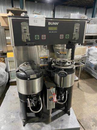 Bunn ThermoFresh Series Commercial Stainless Steel Countertop Dual Coffee Brewer! With Hot Water Dispenser! With Digital Brewer Controls! With Brew Basket & 2 Bunn ThermoFresh Servers/Base! Model: Dual TF DBC SN: DUAL139609! 120/208-240V 1 Phase! on Legs!