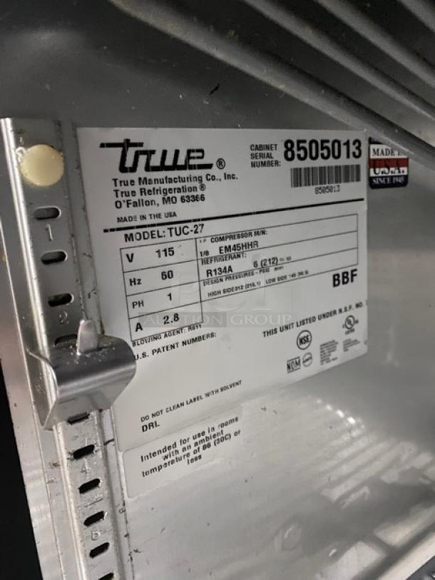 True Commercial Stainless Steel Single Door Undercounter Refrigerator! With Poly Coated Wire Racks! Model: TUC-27 SN: 8505013! 115V 1 Phase! On Casters! - Image 6 of 7