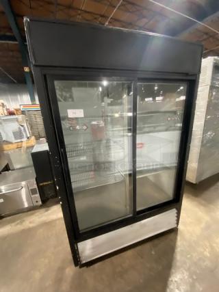 True Commercial Black Double Sliding Glass Door Reach In Refrigerator Merchandiser! With Wire Racks! Model: GDM-45 SN:1-3042799! 115V 1 Phase!
