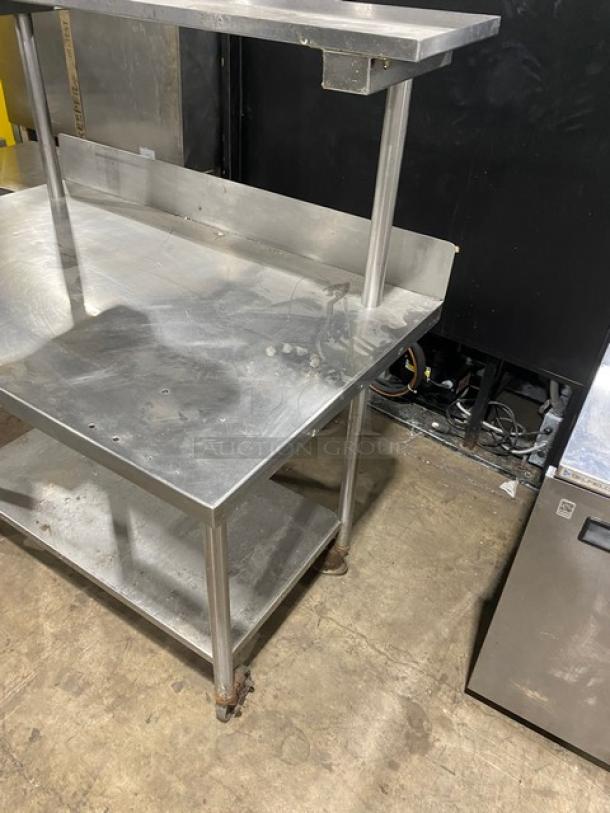 Commercial Stainless Steel Worktop Table! With Mini Turned Up Back Splash & Overhead Shelf! With Single Undershelf! On Casters! - Image 2 of 8