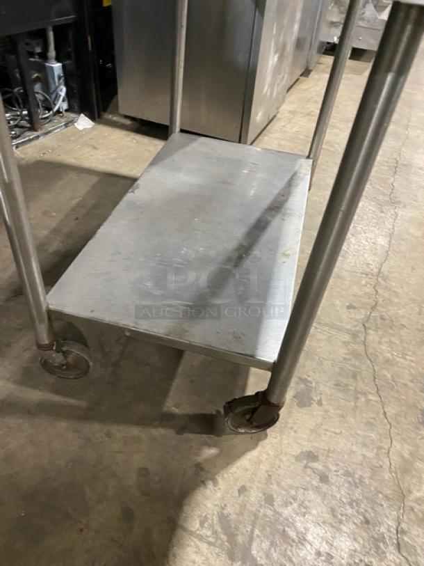 Commercial Stainless Steel Worktop Table! With Mini Turned Up Back Splash & Overhead Shelf! With Single Undershelf! On Casters! - Image 6 of 8