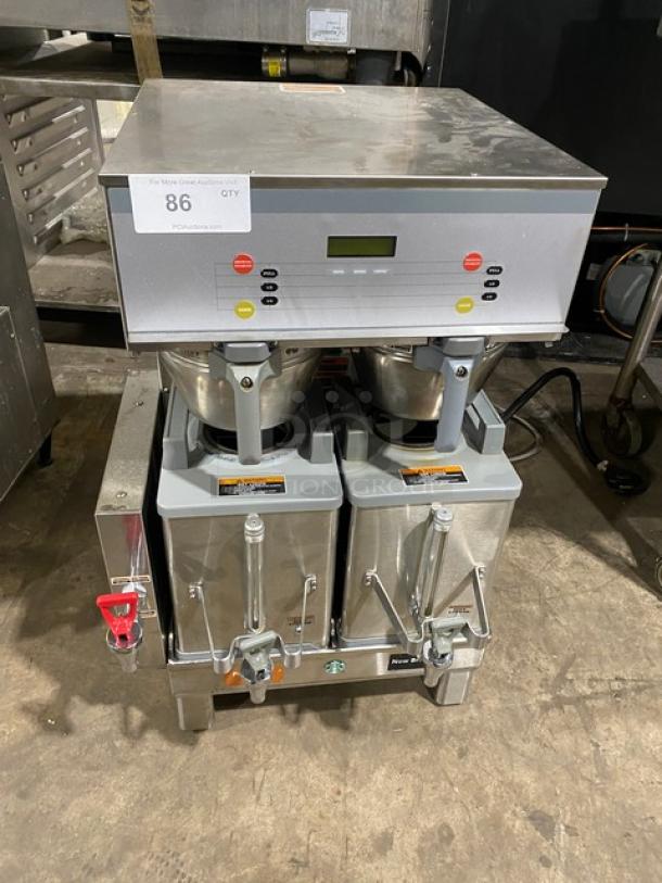 Bunn Starbucks Style Commercial Stainless Steel Countertop Dual Soft Heat Coffee Brewer! With Hot Water Dispenser! With Brew Baskets & Bunn Stainless Steel Servers! Model: DUAL SH DBC SN: DUAL217239! 120/208V 1 Phase! On Legs! - Image 1 of 9