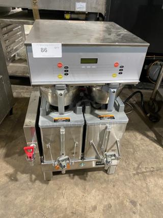 Bunn Starbucks Style Commercial Stainless Steel Countertop Dual Soft Heat Coffee Brewer! With Hot Water Dispenser! With Brew Baskets & Bunn Stainless Steel Servers! Model: DUAL SH DBC SN: DUAL217239! 120/208V 1 Phase! On Legs!