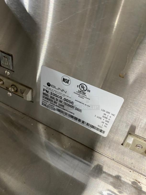 Bunn Starbucks Style Commercial Stainless Steel Countertop Dual Soft Heat Coffee Brewer! With Hot Water Dispenser! With Brew Baskets & Bunn Stainless Steel Servers! Model: DUAL SH DBC SN: DUAL217239! 120/208V 1 Phase! On Legs! - Image 8 of 9