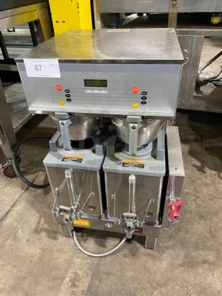 Bunn Starbucks Style Commercial Stainless Steel Countertop Dual Soft Heat Coffee Brewer! With Hot Water Dispenser! With Brew Baskets & Bunn Stainless Steel Servers! Model: DUAL SH DBC SN: DUAL185617! 120/208V 1 Phase! On Legs!