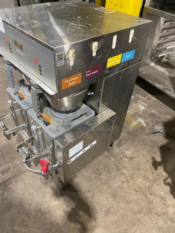 Bunn Starbucks Style Commercial Stainless Steel Countertop Dual Soft Heat Coffee Brewer! With Hot Water Dispenser! With Brew Baskets & Bunn Stainless Steel Servers! Model: DUAL SH DBC SN: DUAL185617! 120/208V 1 Phase! On Legs! - Image 2 of 8
