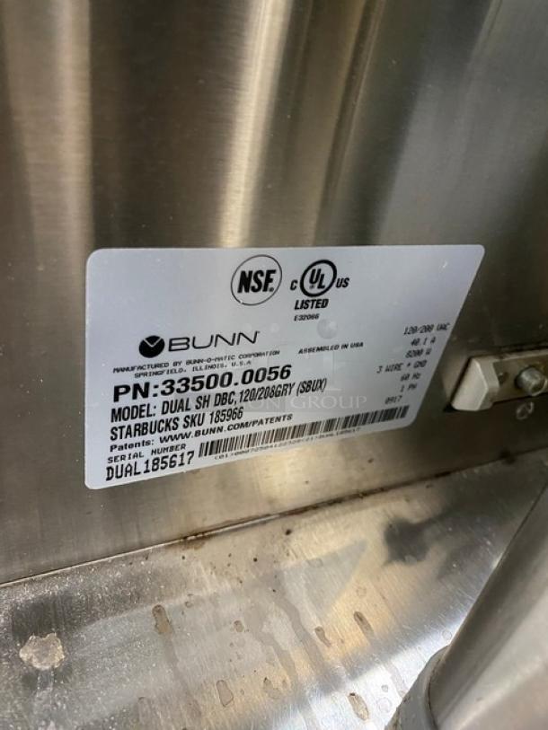 Bunn Starbucks Style Commercial Stainless Steel Countertop Dual Soft Heat Coffee Brewer! With Hot Water Dispenser! With Brew Baskets & Bunn Stainless Steel Servers! Model: DUAL SH DBC SN: DUAL185617! 120/208V 1 Phase! On Legs! - Image 7 of 8