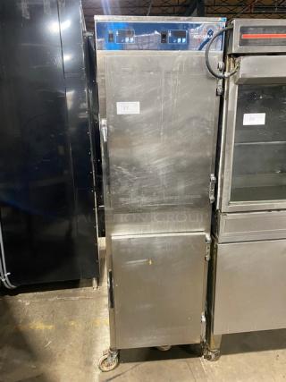 Alto-Shaam Commercial Stainless Steel Dutch Door Dual Compartment Mobile Hot Food Heated Holding Cabinet! With Built In Pan Holding Racks! Model: 1000-UP SN: 1077055-000! 120V 1 Phase! On Casters!