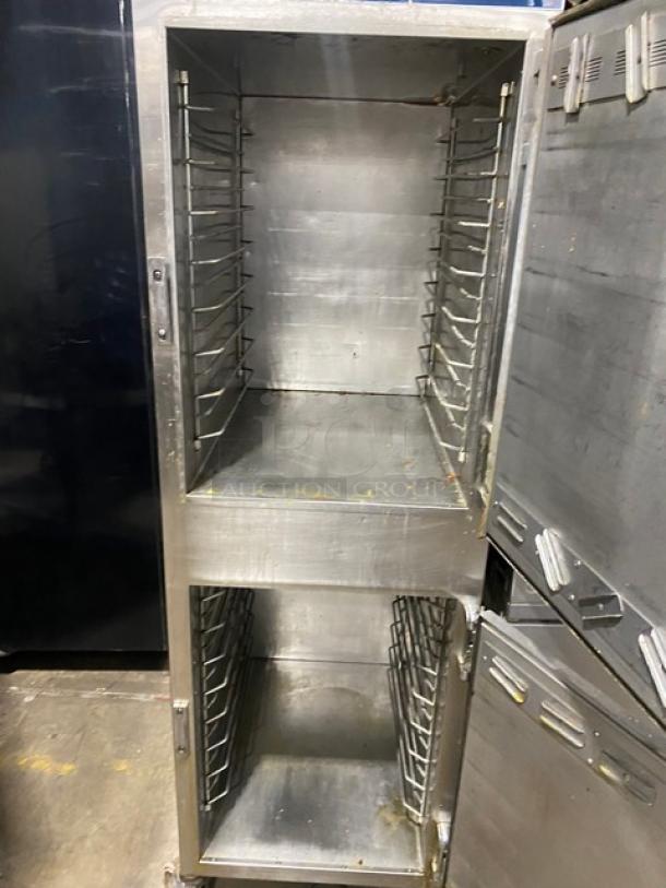 Alto-Shaam Commercial Stainless Steel Dutch Door Dual Compartment Mobile Hot Food Heated Holding Cabinet! With Built In Pan Holding Racks! Model: 1000-UP SN: 1077055-000! 120V 1 Phase! On Casters! - Image 5 of 9