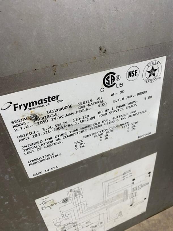 FryMaster Commercial Stainless Steel Natural Gas Powered Pasta Cooker/Rethermalizer! With Back Splash! Model: FBCR18CSE SN: 1412HR0006! 110-120V 1 Phase! On Casters! - Image 7 of 10