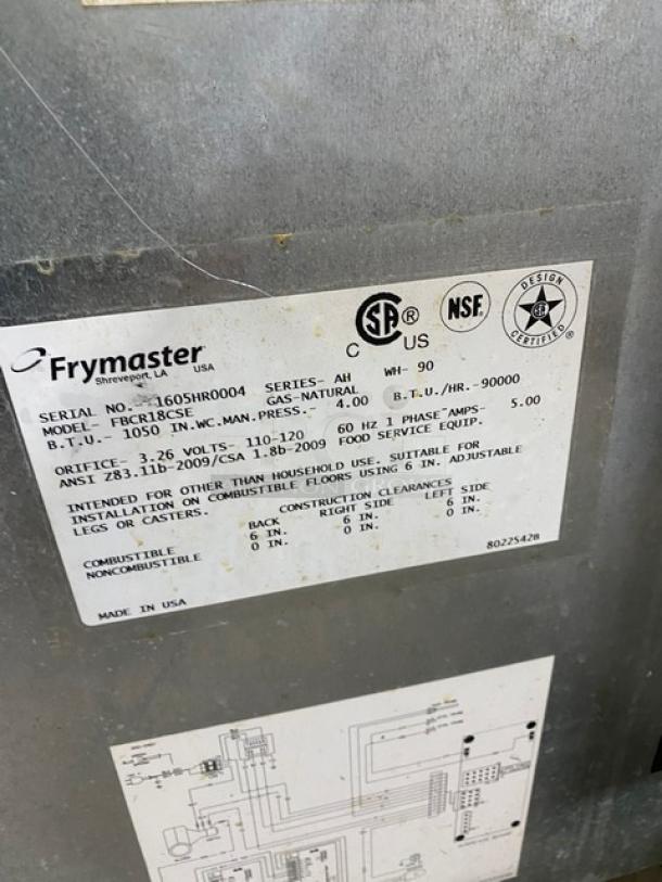 FryMaster Commercial Stainless Steel Natural Gas Powered Pasta Cooker/Rethermalizer! With Back Splash! Model: FBCR18CSE SN: 1605HR0004! 110-120V 1 Phase! On Casters! - Image 8 of 10