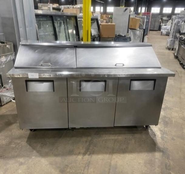 True Commercial Stainless Steel 3 Door Refrigerated Bain Marie Style Mega Top Salad/Sandwich Prep Table! With Poly Coated Wire Racks! On Casters! - Image 1 of 9