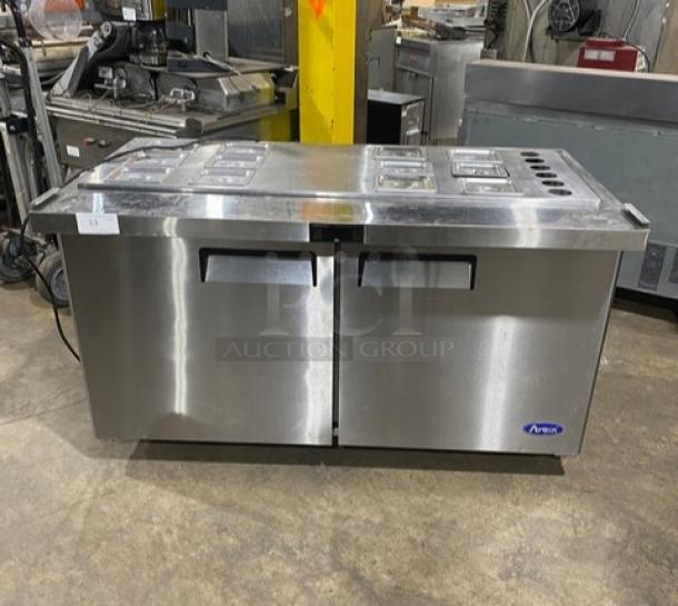 Atosa! 2021! Commercial Stainless Steel Refrigerated 2 Door Mega Top Salad/Sandwich Prep Table! With Pan Lids! With Poly Coated Wire Racks! Model: MSF8307GR SN: MSF8307GRAUS1T0321113000C40037! 115V 1 Phase! On Casters! Working When Removed! Under Warranty! - Image 1 of 10