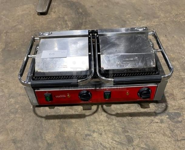Avantco Commercial Stainless Steel Electric Powered Countertop Dual Panini/Sandwich Press Grill! With Thermostatic Controls! With Upper & Lower Grooved Grates! Model: 177PG400 SN: CK-230628R-1168! 120V 1 Phase! - Image 1 of 8