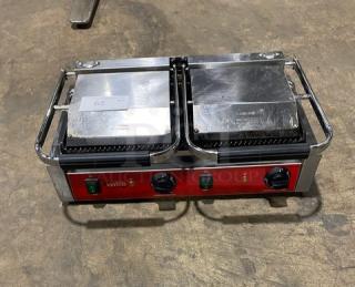 Avantco Commercial Stainless Steel Electric Powered Countertop Dual Panini/Sandwich Press Grill! With Thermostatic Controls! With Upper & Lower Grooved Grates! Model: 177PG400 SN: CK-230628R-1168! 120V 1 Phase!