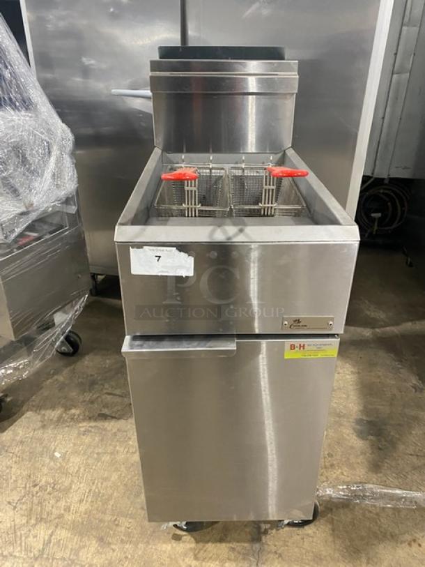 Cooler Depot USA Commercial Stainless Steel Liquid Propane Powered Deep Fat Fryer! With Back Splash & Basket Hanger! With 2 Frying Baskets! Model: CCF3-LPG SN: 2024000VIV230428230500019! On Casters! - Image 1 of 8