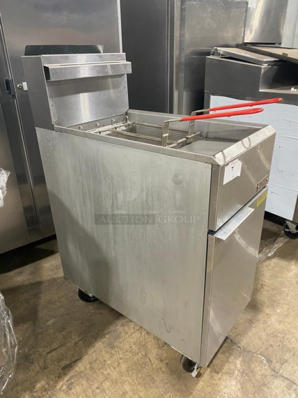 Cooler Depot USA Commercial Stainless Steel Liquid Propane Powered Deep Fat Fryer! With Back Splash & Basket Hanger! With 2 Frying Baskets! Model: CCF3-LPG SN: 2024000VIV230428230500019! On Casters! - Image 2 of 8