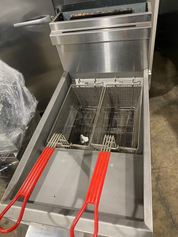 Cooler Depot USA Commercial Stainless Steel Liquid Propane Powered Deep Fat Fryer! With Back Splash & Basket Hanger! With 2 Frying Baskets! Model: CCF3-LPG SN: 2024000VIV230428230500019! On Casters! - Image 5 of 8