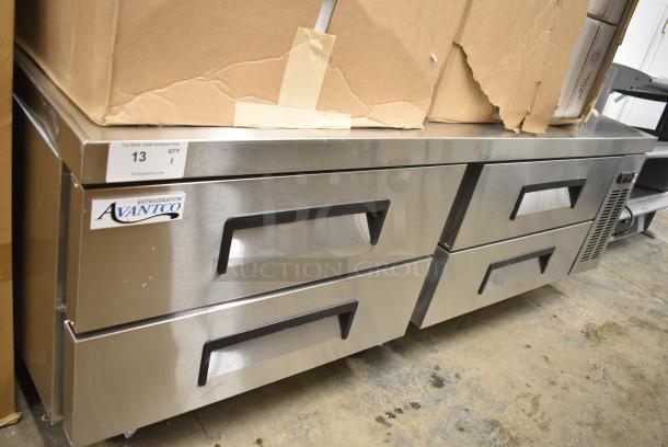 BRAND NEW SCRATCH AND DENT! 2024 Avantco 178CBE72HC CBE-72-HC Stainless Steel Commercial 72" 4 Drawer Refrigerated Chef Base on Commercial Casters. 115 Volts, 1 Phase. Tested and Working! - Image 1 of 9