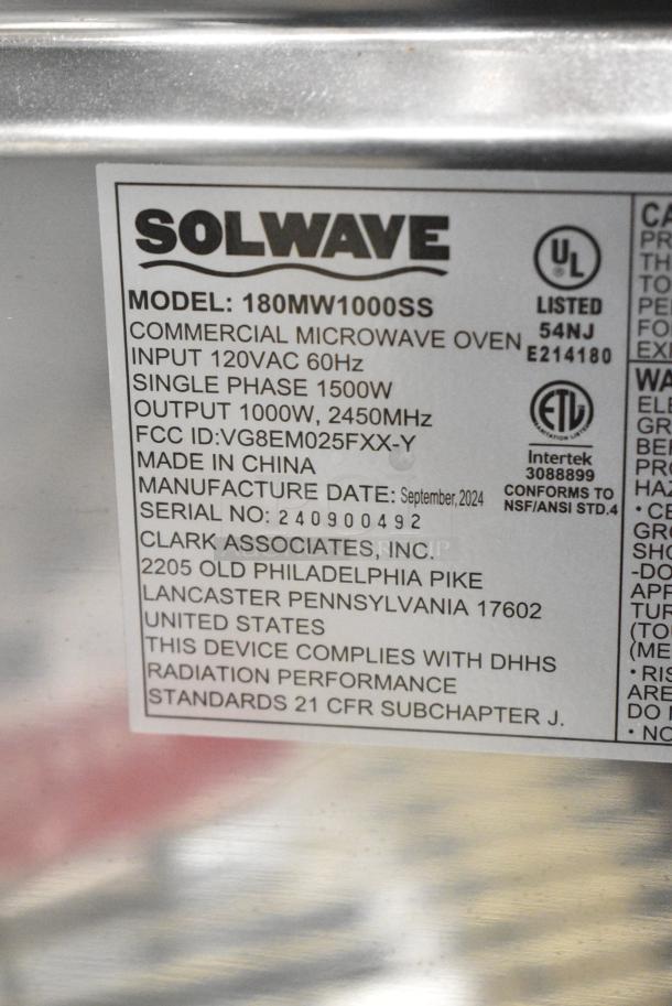 BRAND NEW SCRATCH AND DENT! 2024 Solwave 180MW1000SS Stainless Steel Commercial Microwave with Push Button Controls. 120 Volts, 1 Phase. - Image 6 of 6