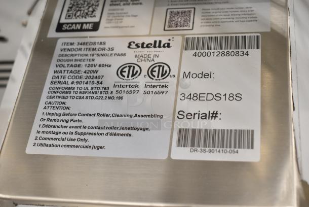 BRAND NEW SCRATCH AND DENT! Estella 348EDS18S Stainless Steel 18" Countertop One Stage Dough Sheeter. 120 Volts, 1 Phase. Tested and Working! - Image 5 of 8