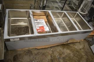 BRAND NEW SCRATCH AND DENT! 2024 ServIt 423EST4WSFBH Stainless Steel Four Pan Sealed Well Electric Steam Table with Fully Enclosed Base. 240 Volts.