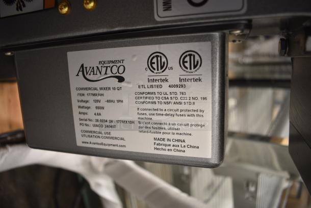 BRAND NEW SCRATCH AND DENT! Avantco 177MX10H Metal Commercial 10 Quart Planetary Dough Mixer w/ Stainless Steel Mixing Bowl, Bowl Guard, Dough Hook, Whisk and Paddle Attachments. 120 Volts, 1 Phase. Tested and Working! - Image 7 of 9