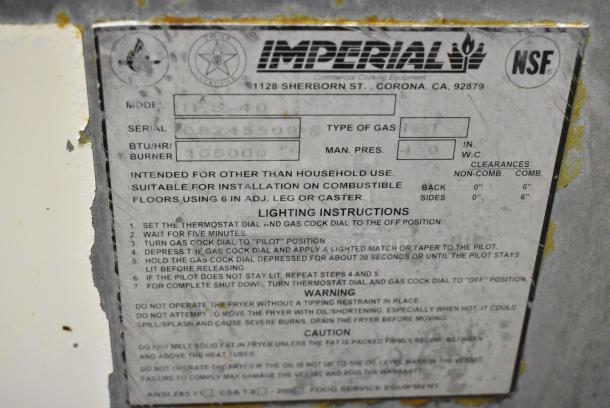 Imperial IFS-40 Stainless Steel Commercial Floor Style Natural Gas Powered Deep Fat Fryer w/ 2 Metal Fry Baskets. 105,000 BTU. - Image 3 of 6
