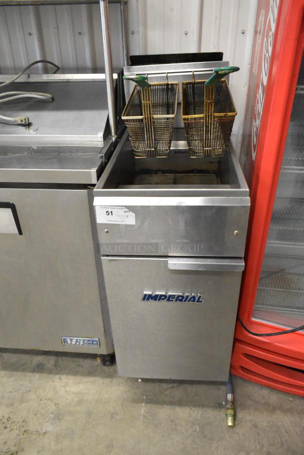 Imperial IFS-40 Stainless Steel Commercial Floor Style Natural Gas Powered Deep Fat Fryer w/ 2 Metal Fry Baskets. 105,000 BTU. - Image 1 of 5