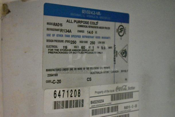 Beverage Air RAD15 Metal Commercial 2 Door Reach In Cooler Merchandiser w/ Poly Coated Racks. 115 Volts, 1 Phase. Tested and Working! - Image 2 of 3
