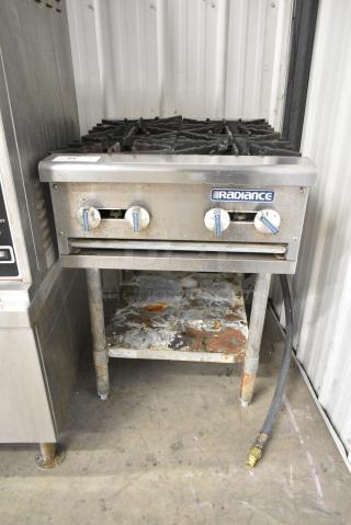 Radiance TAHP Stainless Steel Commercial Countertop Natural Gas Powered 4 Burner Range w/ Metal Under Shelf. 32,000 BTU.