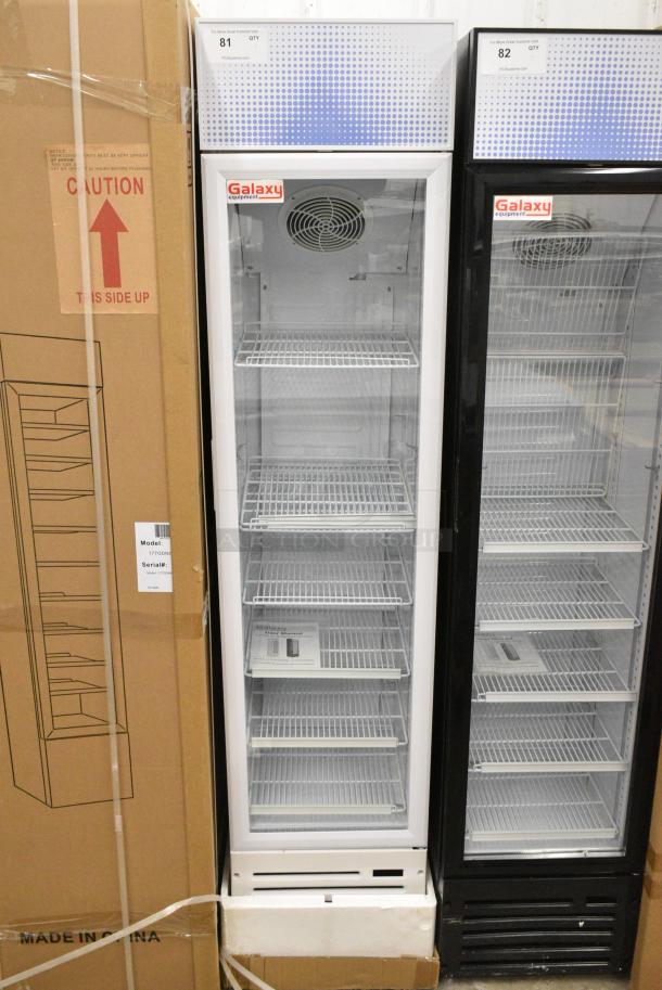 BRAND NEW SCRATCH AND DENT! Galaxy 177GDN5RBW Metal Commercial Single Door Reach In Cooler Merchandiser with Red, White, and Blue LED Lighting. 110-120 Volts, 1 Phase. Tested and Working! - Image 1 of 3