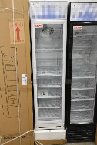 BRAND NEW SCRATCH AND DENT! Galaxy 177GDN5RBW Metal Commercial Single Door Reach In Cooler Merchandiser with Red, White, and Blue LED Lighting. 110-120 Volts, 1 Phase. Tested and Working!