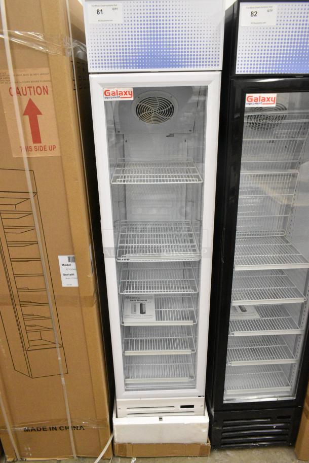 BRAND NEW SCRATCH AND DENT! Galaxy 177GDN5RBW Metal Commercial Single Door Reach In Cooler Merchandiser with Red, White, and Blue LED Lighting. 110-120 Volts, 1 Phase. Tested and Working! - Image 1 of 7