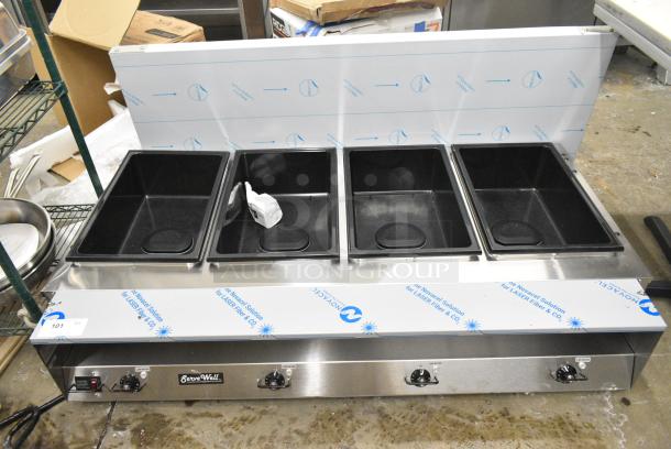 BRAND NEW SCRATCH AND DENT! Vollrath ServeWell 38104 Stainless Steel Commercial Electric Four Pan Sealed Well Hot Food Table. 120 Volts, 1 Phase. Cannot Test Due To Plug Style - Image 1 of 7