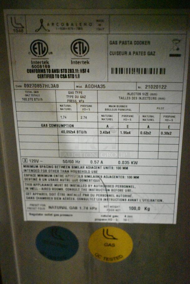 Arcobaleno AGDHA35 Stainless Steel Commercial Natural Gas Powered Pasta Cooker w/ Various Baskets. Goes GREAT w/ Item 117! - Image 7 of 7