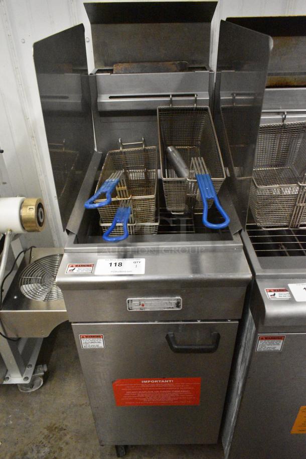 Patriot FM-90/NG Stainless Steel Commercial Floor Style Natural Gas Powered Deep Fat Fryer w/ 2 Metal Fry Baskets and Splash Guard on Commercial Casters. 90,000 BTU. - Image 1 of 5